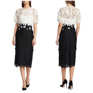 Lela Rose Two-Tone‎ Floral Ivory Black Lace Cocktail Midi Dress Size 10